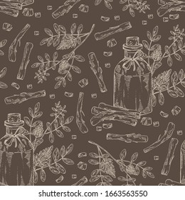 Seamless pattern with licorice plant, flowers, root and bottle of licorice essential oil. Cosmetic, perfumery and medical plant. Vector hand drawn illustration.