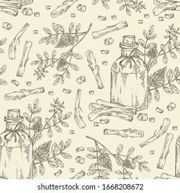 Patrón transparente con planta de regaliz, flores, raíz y botella de aceite esencial de regaliz. Planta cosmética, perfumería y médica. Ilustración dibujada a mano por vectores.