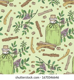 Seamless pattern with licorice plant, flowers, root and bottle of licorice essential oil. Cosmetic, perfumery and medical plant. Vector hand drawn illustration.