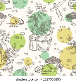 Seamless pattern with  licorice:  licorice root, flowers, soap and bath salt. Cosmetic and medical plant. Vector hand drawn illustration