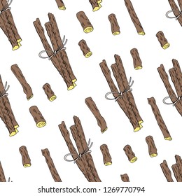 Seamless pattern Licorice sticks root vector hand drawn illustration isolated on white background, ink sketch, decorative herbal colorful doodle, medical herbs for design cosmetics, natural medicine