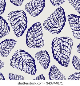 Seamless pattern lief. Pen ball peppermint lief vector background. Sketch medicinal plant seamless texture. Hand drawn illustration for print, decoration, design, web, wrapping