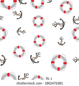 Seamless pattern of life buoy and anchor isolated on white background. Vector illustration.