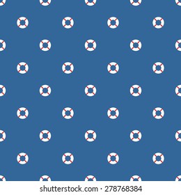Seamless pattern of life buoys white with red stripes on a background dark blue summer pattern maritime theme