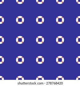 Seamless pattern of life buoys white with red stripes on a background dark blue summer pattern maritime theme