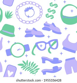 Seamless pattern Life style shoes and accessories. Vector illustration shoes, sneakers, bag and accessories isolated on white background. Surface design girl blogger shopping trend fashion in store.