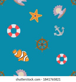 Seamless pattern with lifebouy, wheel, anchor, starfish and pearl, on the blue background. Wrap paper on Marine theme.
