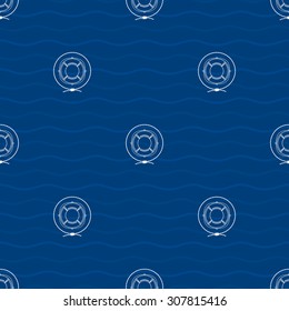 Seamless Pattern with a Lifebuoy on a Background of Waves, a Lifeline  in the Middle of a Rope on a Blue Background, Seamless Pattern with Marine Element for Web Design or Wallpaper or Fabric