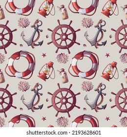 Seamless pattern with lifebuoy, ship's steering wheel, anchor, corals,  seashells, sand bottle. Maritime, sea coast, marine life, nautical concept. Vector illustration.