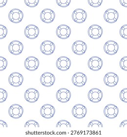 Seamless pattern with lifebuoys in blue line style on white background. Outline nautical print. 