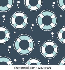 Seamless pattern with lifebuoys, hand drawn marine icons. Colorful background. Decorative wallpaper, good for printing