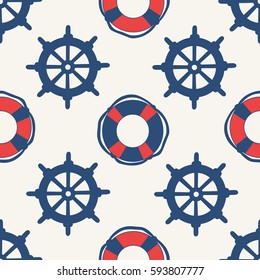 Seamless pattern with lifebuoys and marine steering wheels, hand drawn icons. Marine background vector. Decorative wallpaper, good for printing