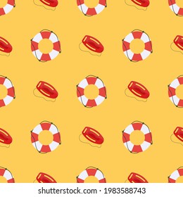 Seamless pattern with lifebuoys and swim boards. Good for postcards, murals, backgrounds, and fabrics. Vector illustration.