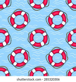 Seamless pattern with lifebuoys. Vector cartoon background.