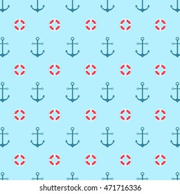 Seamless pattern with a lifeline and anchor. Bright sea background. Vector pattern.