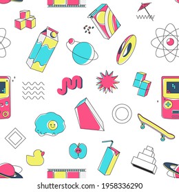 Seamless pattern of lifestyle elements bright trendy print colorful poster with geometric shapes, milk, breakfast cereal, fried egg, skateboard and apple  flat vector illustrations set
