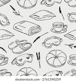 Seamless pattern with lifestyle elements including sleep masks, slippers, tea, and cushions. Relaxing repeat background. Hand drawn vector sketch illustration in vintage crayon charcoal style