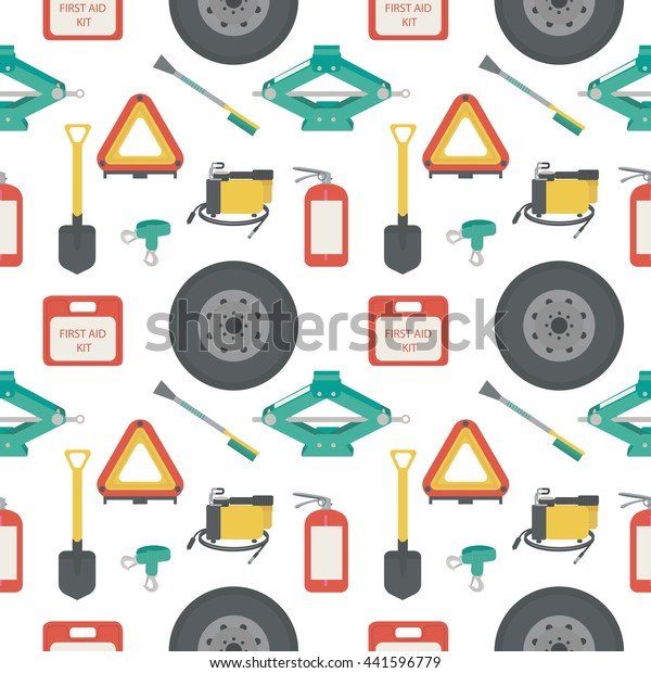 Seamless pattern with\
lift jack, tow rope, first aid kit, fire extinguisher, spare wheel,\
shovel, brush and scraper, warning triangle, car air compressor.\
Vector illustration.