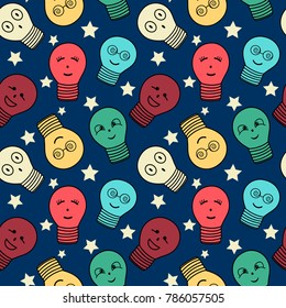 Seamless pattern with lighbulbs with different facial expressions