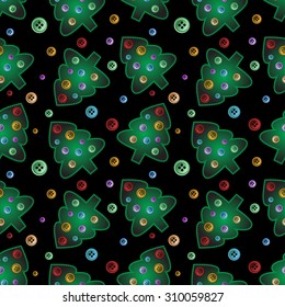 Seamless pattern from lighning sewed pines with buttons on black