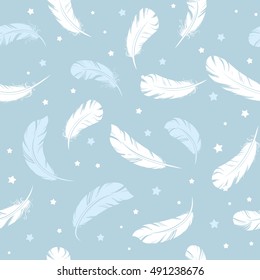 Seamless pattern light air bird feathers floating on a blue background with stars