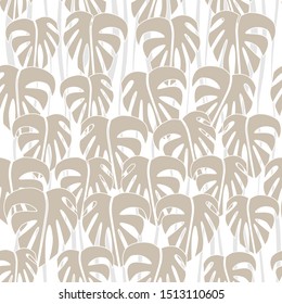 Seamless pattern. Light beige contour leaves and gray waves on white backround. Vector graphic illustration.