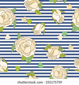 Seamless pattern of light beige roses, repeating pattern of flowers and buds on a striped background.Vector illustration.