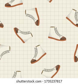 Nahtloses Muster mit hellbeigen Frauenschuhen. Sneakers im flachen Stil. Leder stiefelt die Seitenansicht. Flachdesign. 
Jugendmodernes Modell. Der lockere Stil. Vector-Abbildung.