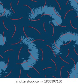 Seamless pattern with light blue abstract flower grunge strokes and red stripes on a blue background Vector illustration.
