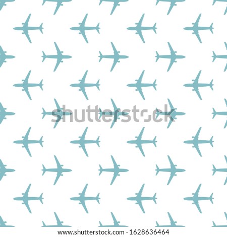 Seamless pattern with light blue airplane silhouettes on white background. Vector illustration for wrapping paper, wallpaper, fabric, textile and more.