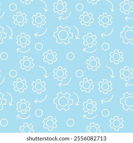 Seamless pattern with a light blue background, white outlines of gears, arrows, and circles, suggesting motion and mechanics.