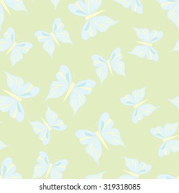 Seamless pattern with light blue butterflies on the yellow background. Vintage texture. Summer backdrop. Vector illustration.