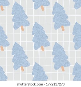 Seamless pattern with light blue christmas trees on chequered background in lilac tones. Vector illustration. For fabric design, textile print, wrapping, cover.