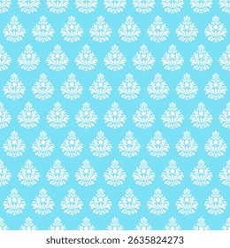 Padrão contínuo de padrões de damasco azul claro com padrões de damasco branco repetidos em um fundo azul claro. Use para papel de parede, têxteis, embrulho para presente, cartões de convite.