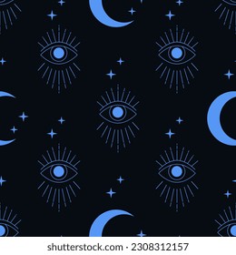 Seamless pattern with light blue eyes and moon on deep blue background. Vector illustration. Fabric print.