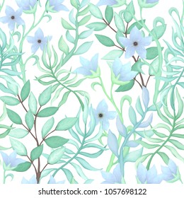 Seamless Pattern of Light Blue Flowers and Leaves in Watercolor Style