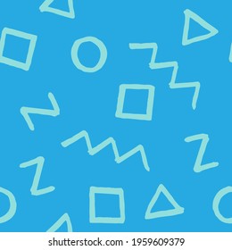 Seamless pattern with light blue geometric elements on blue background. Hand drawn vector design for textile, backgrounds, clothes, wrapping paper and wallpaper. Memphis fashion pattern.