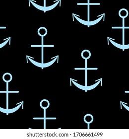 Seamless pattern with light blue graphic anchors on black background. Simple flat design. Sea and ocean. Maritime equipment. Ship and boat. For postcards, scrapbooking, textile and wrapping paper