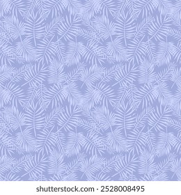 Seamless pattern of light blue leaves on a soft blue background. Presented through a scattered positioning of leaves. The pattern is ideal for printing on fabric, textiles and paper products.