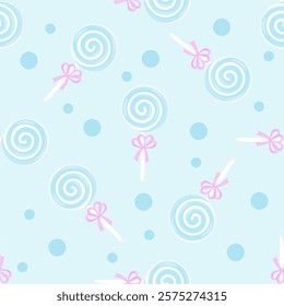 A seamless pattern of light blue lollipops with pink bows on a pastel blue background.
