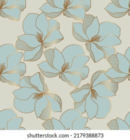 Seamless pattern with light blue magnolia flowers on light beige. Vector illustration. Vector print.