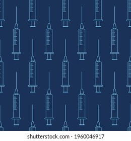 Seamless pattern of light blue medical syringes, isolated on blue background. Linear style. Color illustration.