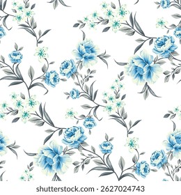 Um padrão sem costura de flores azul claro e amarelo pálido em um fundo branco. As flores são detalhadas, aparecendo quase como ilustrações pintadas à mão, com sombreamento delicado.