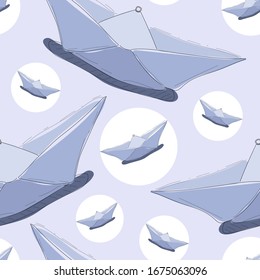 Seamless pattern of light blue paper boat. Stock vector image on the marine theme for a baby sailor. Illustration for holiday, baby shower, birthday, textile, wrapper, greeting card, print, banner