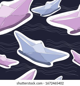 Seamless pattern of light blue and pink paper boat. Vector image on the marine theme for a baby sailor. Illustration for holiday, baby shower, birthday, textile, wrapper, greeting card, print, banner