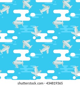 Seamless pattern of light blue sky with clouds and planes in flat style