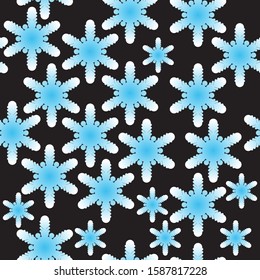Seamless pattern of light blue snowflakes on a black background. Vector, Gradient. Gift Christmas paper, christmas textiles. Christmas design and decoration.