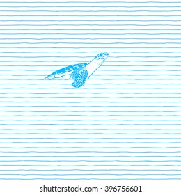 Seamless pattern - light blue stripes texture. Turtle in the sea