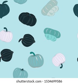 Seamless pattern with light blue and teal pumpkins. Unique and delicious varieties of winter squashes repeat design. Vector Illustration.