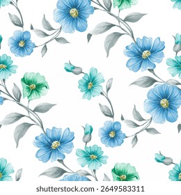 A seamless pattern of light blue and teal flowers arranged on gray stems and branches. The flowers have a slightly uneven, painted or watercolor like texture.  Each flower has a central yellow gold.